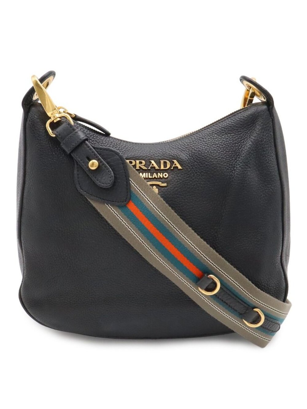 Prada Shoulder Bag Striped Crossbody Leather Nero Black Gold
